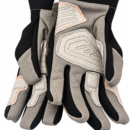 Simms G4 gloves, gray top with orange piping, black fingers, reinforced palm pads