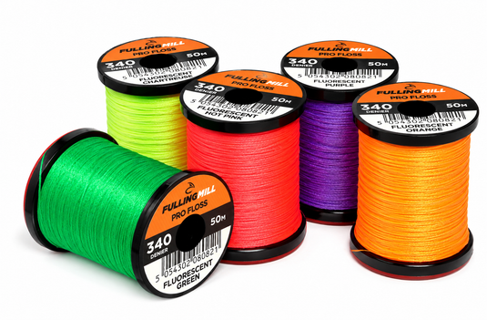 Fluorescent floss thread spools in green, orange, red, purple, and yellow