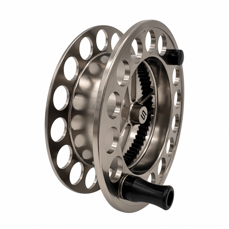 Load image into Gallery viewer, Silver-gray spare spool reel with perforated rim and black crank handle
