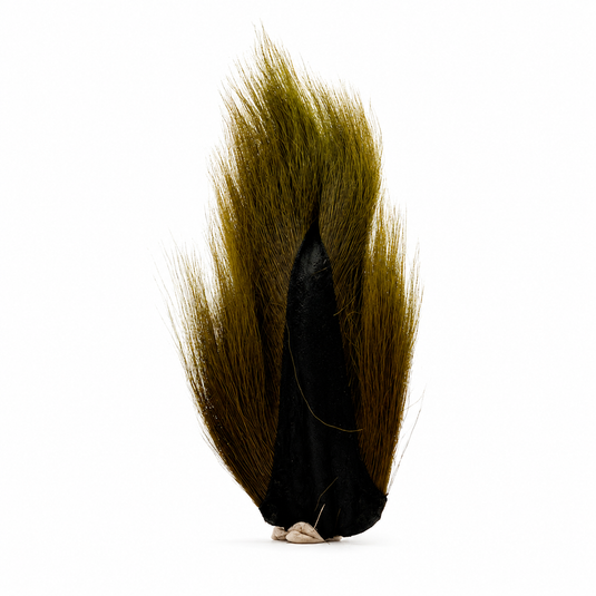 Olive-green bucktail lure with two long feather tails and dark base