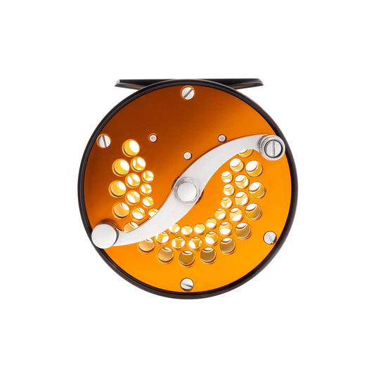 Loop Classic Series reel with orange face, silver handle, and gold dot cluster