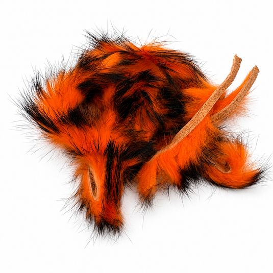 Rabbit fur strip, orange with black tiger pattern and pale gray loops
