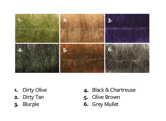 Fly-tying craft brush color swatch set: dirty olive, tan, blurple and more