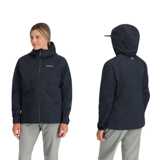 Women's hooded Freestone jacket front and back views, full zip and stand collar