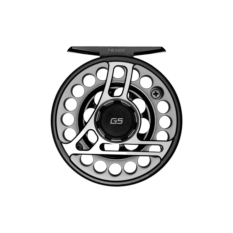Load image into Gallery viewer, Black fly fishing reel with G5 center cap and silver hole-ring spool design
