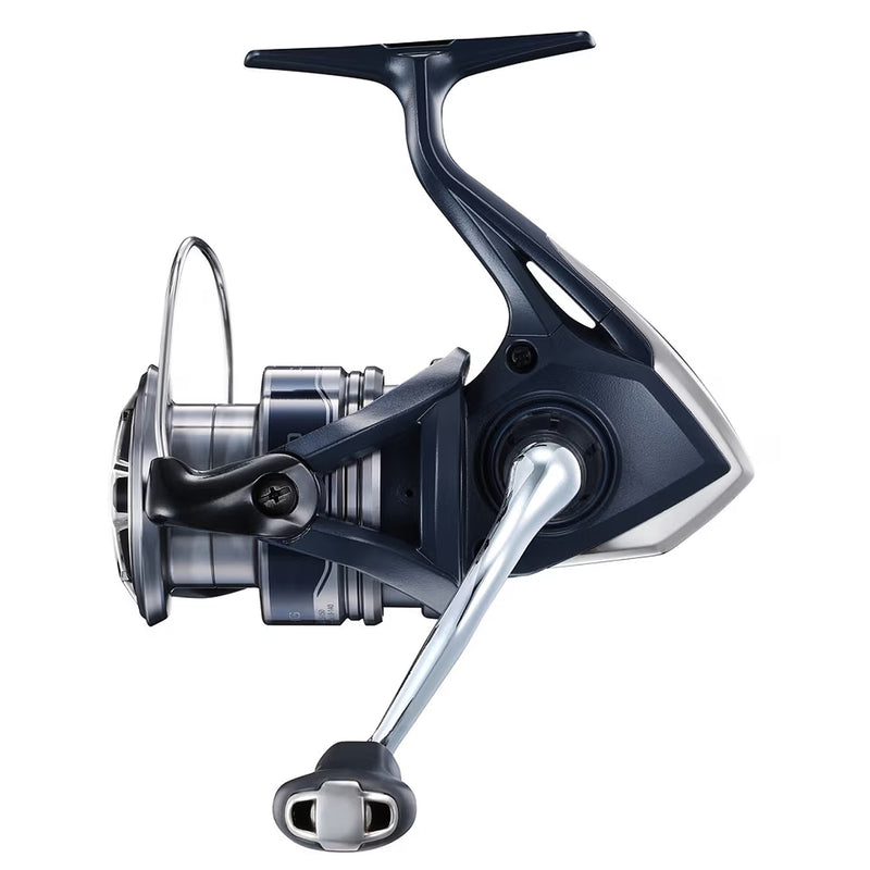 Load image into Gallery viewer, Spinning fishing reel, dark blue and silver body with curved handle and spool
