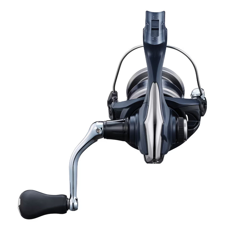 Load image into Gallery viewer, Spinning fishing reel, dark blue housing with silver bail, open spool and crank handle
