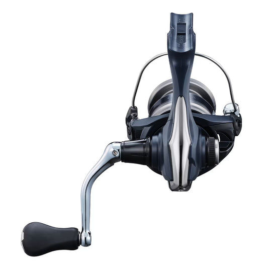 Spinning fishing reel, dark blue housing with silver bail, open spool and crank handle