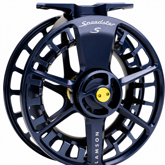 Lamson Speedster S-Series fly fishing reel, dark navy wheel with yellow center