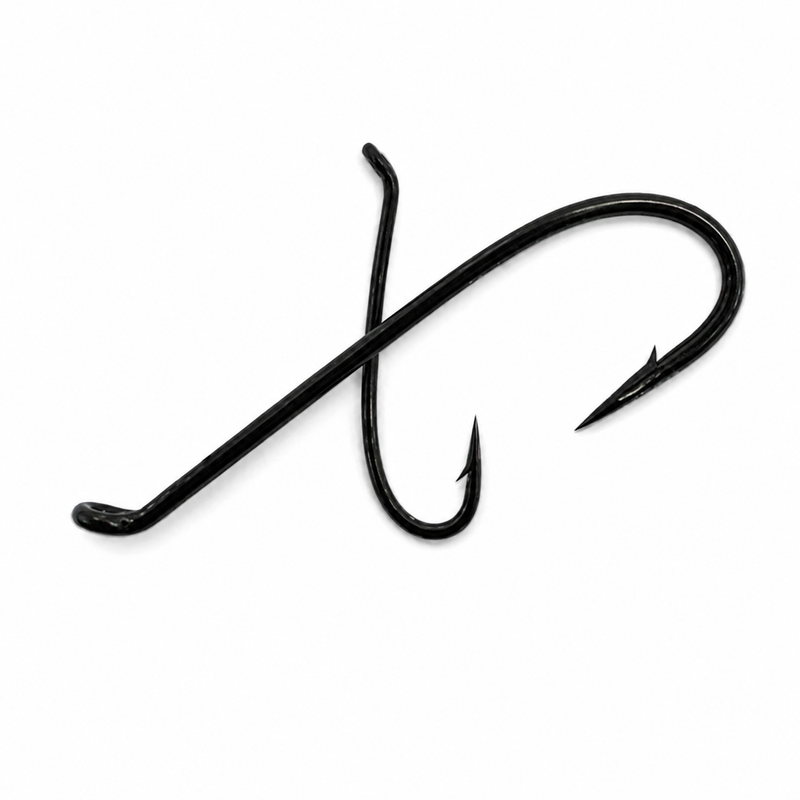 Load image into Gallery viewer, Pair of black fishing hooks with curved shanks, barbs, and angled points

