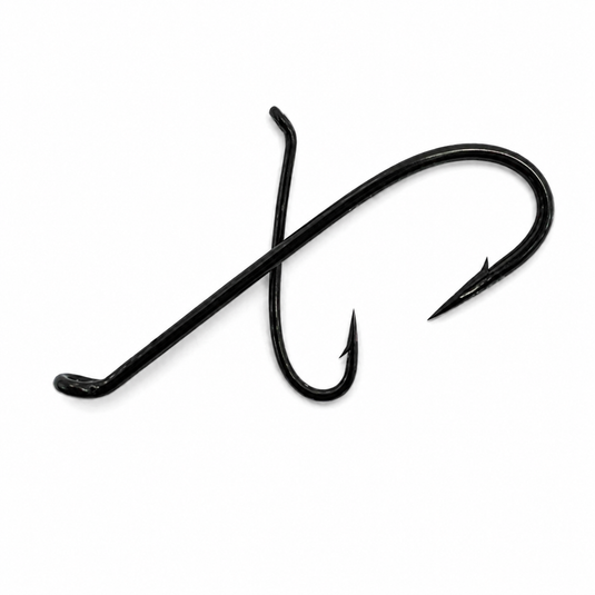 Pair of black fishing hooks with curved shanks, barbs, and angled points