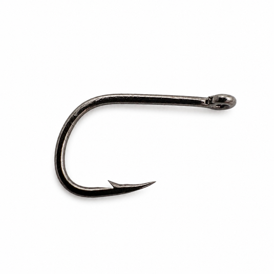Dark metal curved single fly fishing hook with barbed point