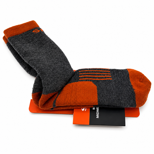 Men's merino hiker sock pair, gray body with orange cuff, heel, toe and stripes