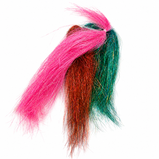 Angel hair fiber with pink and green strands, looped fringe bundle