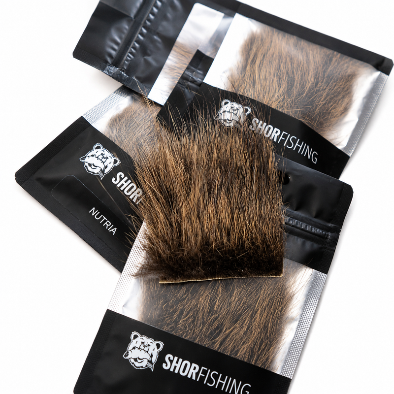 Load image into Gallery viewer, Nutria fur patch set in black and silver SHORFISHING packaging with labels
