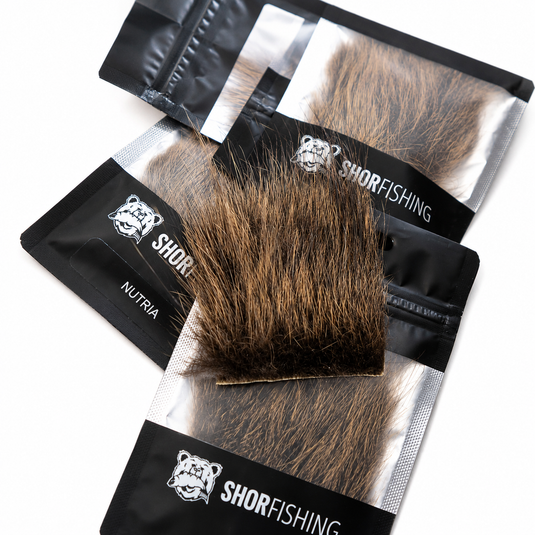 Nutria fur patch set in black and silver SHORFISHING packaging with labels