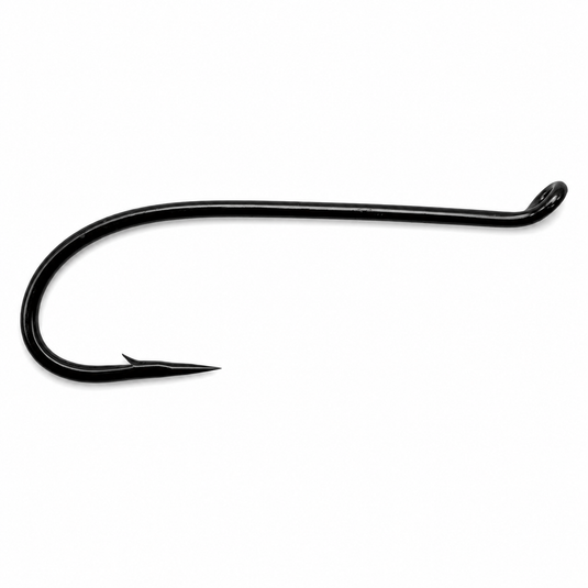 Black curved salmon fishing hook with barbed point and short shank