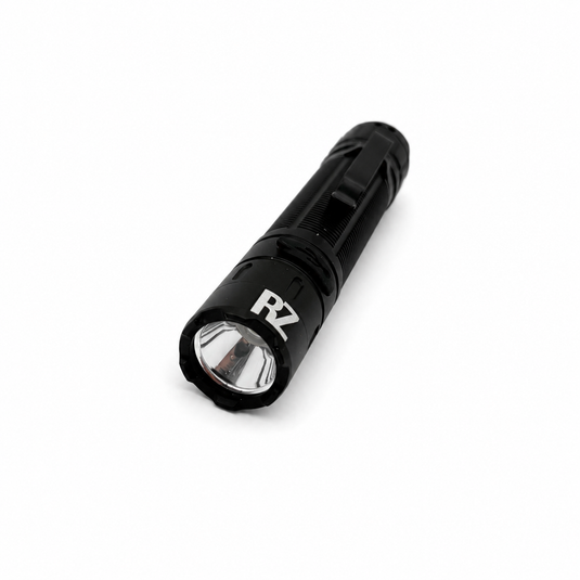 Black UV flashlight with front lens and knurled body, compact handheld design