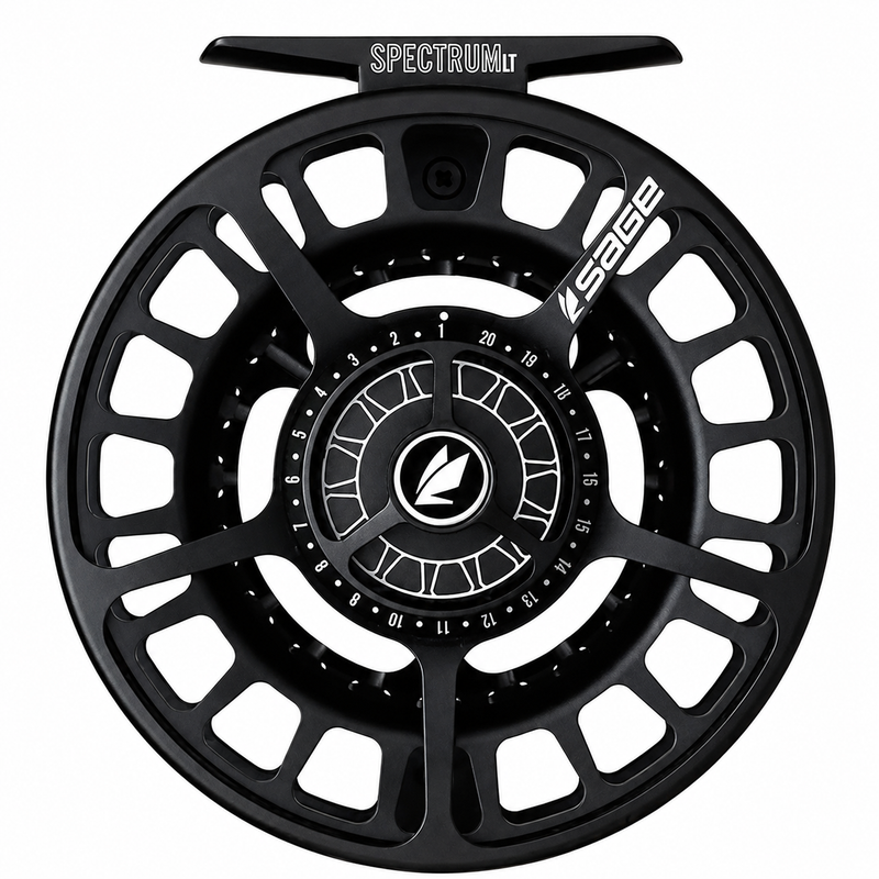 Load image into Gallery viewer, Black fishing reel with large spoked wheel, black dial with white line marks
