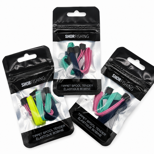 Fishing tippet spool tender elastic bobbins in sealed blister packs, mixed colors