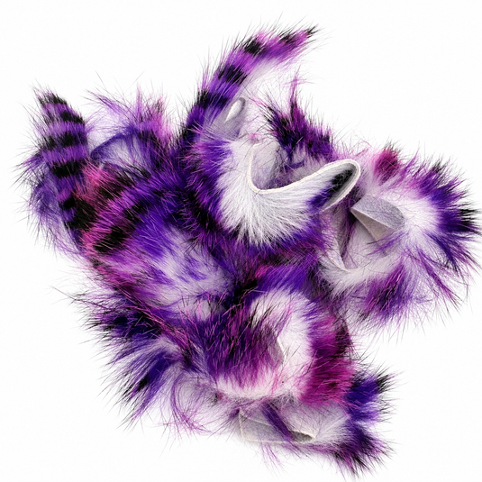 Rabbit fur strips, purple and black on white, assorted feathered pieces