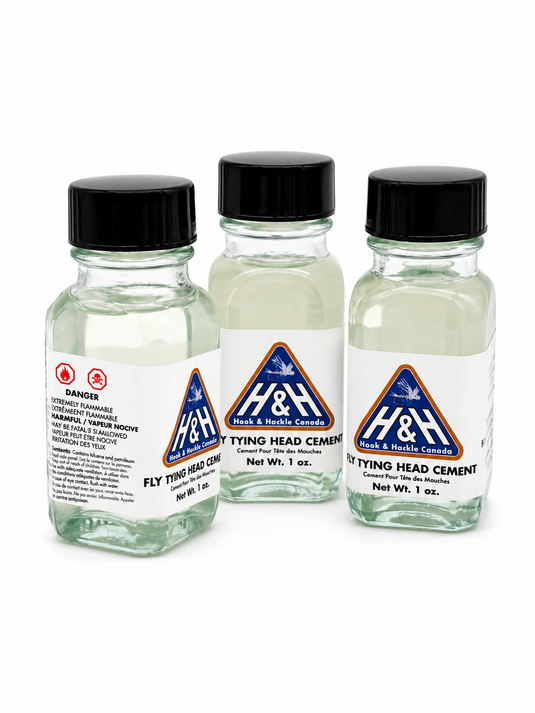 Hook & Hackle head cement bottles, clear glass with black caps