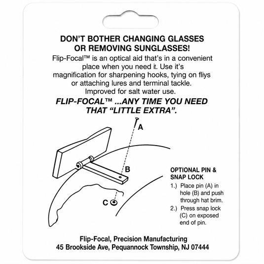 Instruction card for clip-on magnifier glasses with diagram and pin lock