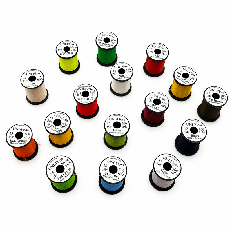 Load image into Gallery viewer, Assorted colored Uni-Floss thread spools with labels: green, red, black, white, yellow
