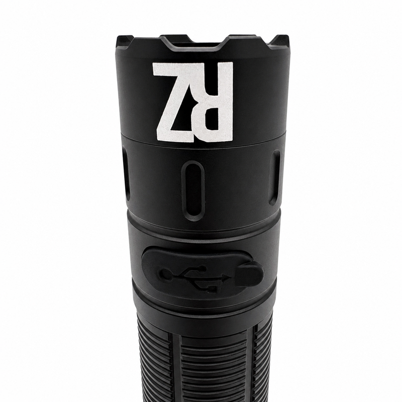 Load image into Gallery viewer, Black flashlight head and grip with large logo marking
