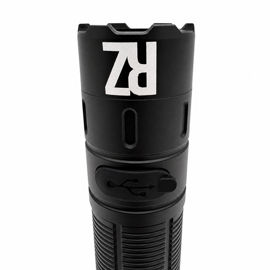 Black flashlight head and grip with large logo marking