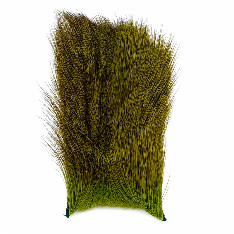 Load image into Gallery viewer, Deer body hair bundle, olive green strands on dark backing pad
