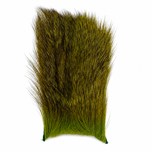 Deer body hair bundle, olive green strands on dark backing pad