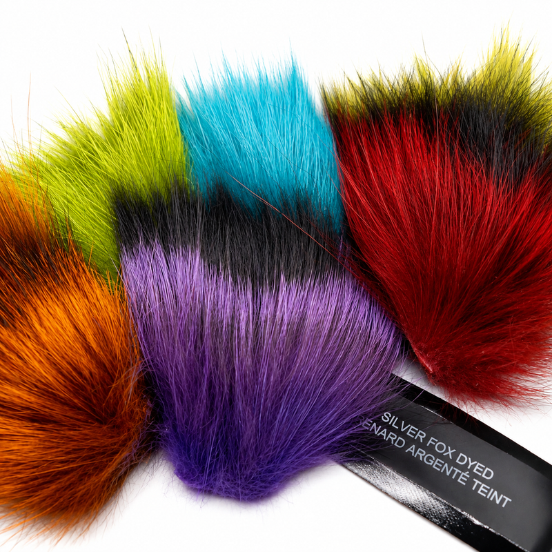 Load image into Gallery viewer, Dyed silver fox fur swatches in multiple colors: blue, purple, yellow, orange, red
