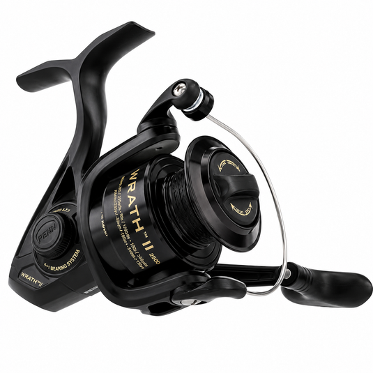 Penn Wrath II black spinning fishing reel with silver bail and curved handle