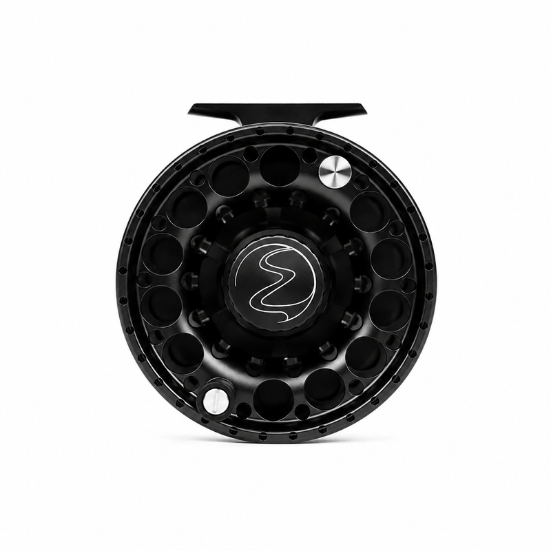 Load image into Gallery viewer, Black fly fishing reel spool with cutout pattern and engraved logo
