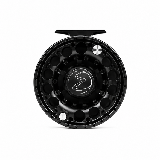 Black fly fishing reel spool with cutout pattern and engraved logo