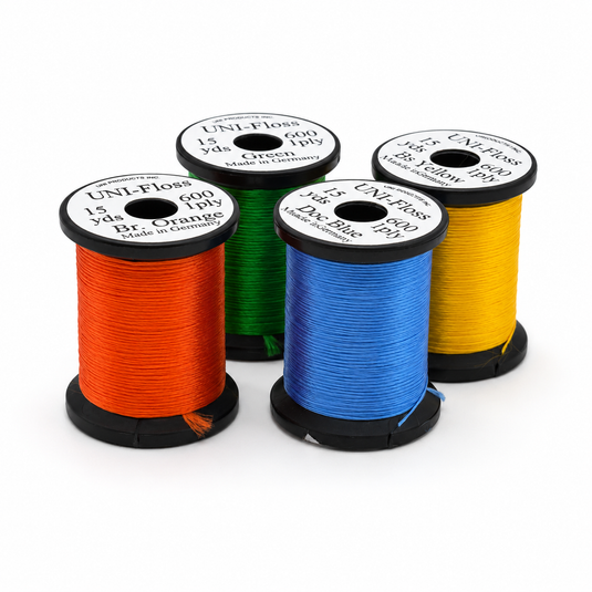 Embroidery floss spools in orange, green, blue, and yellow with labeled bobbins.