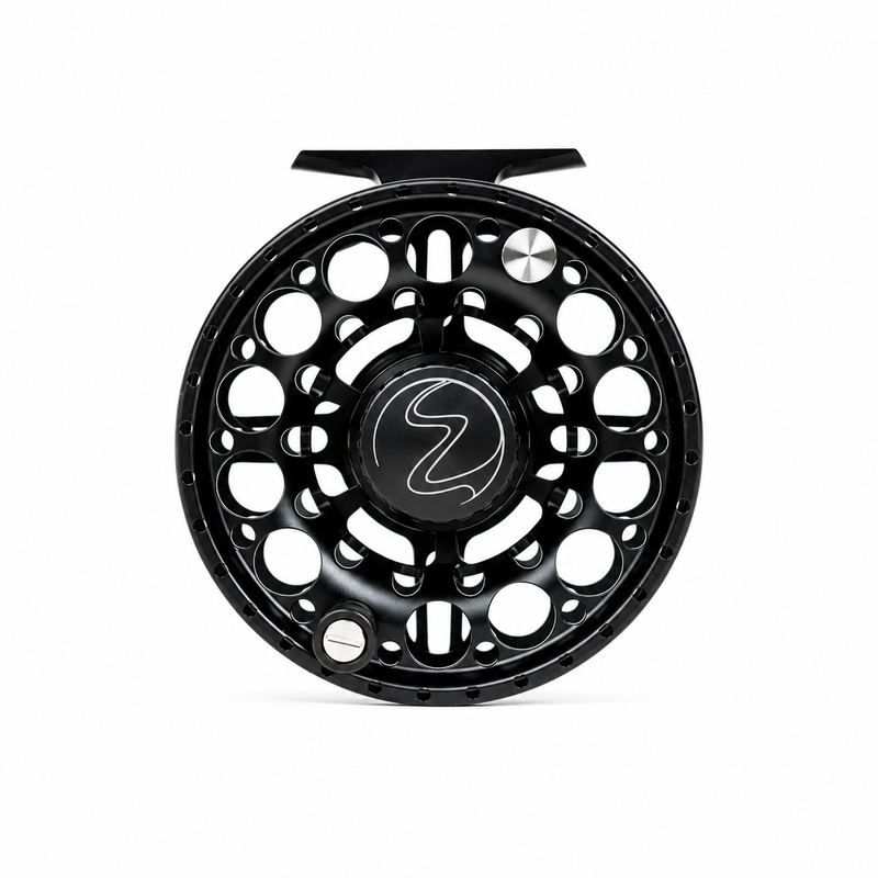 Load image into Gallery viewer, Black fly fishing reel spool with circular cutouts and star center emblem
