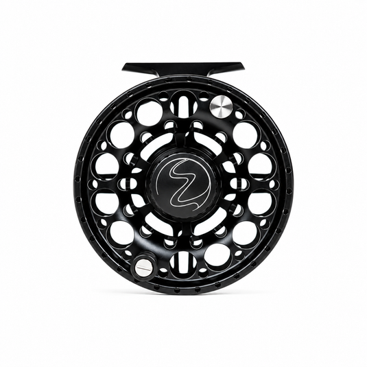 Black fly fishing reel spool with circular cutouts and star center emblem