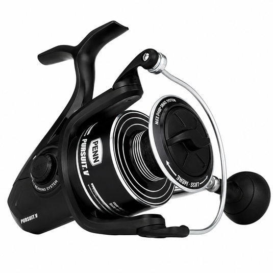 Black Penn spinning fishing reel with curved handle and silver line spool
