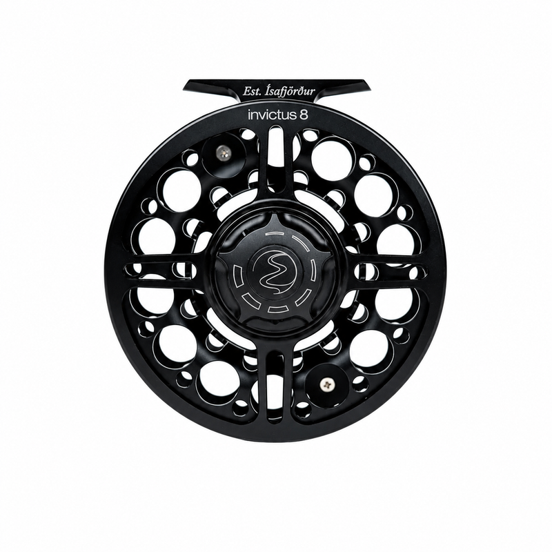 Load image into Gallery viewer, Black fly fishing reel with side cutouts, star accents, and 'invictus 8' text
