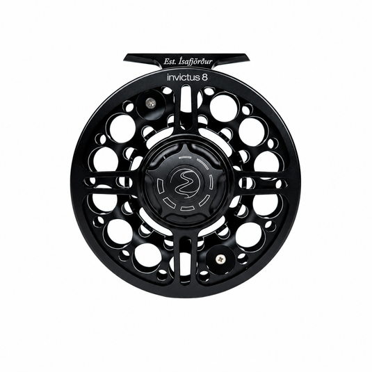 Black fly fishing reel with side cutouts, star accents, and 'invictus 8' text