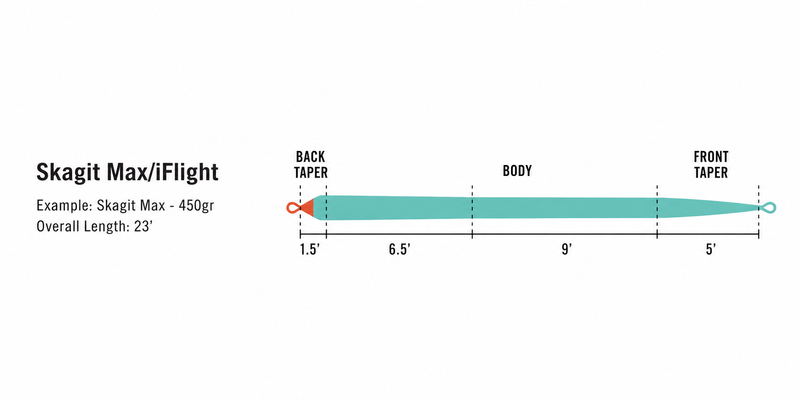 Load image into Gallery viewer, Teal fly line diagram showing front taper, body length, and back taper
