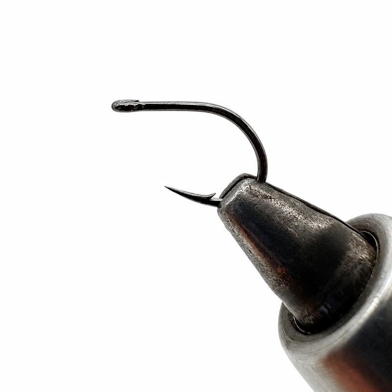 Load image into Gallery viewer, Single tube fly hook with dark finish, curved bend and pointed barb
