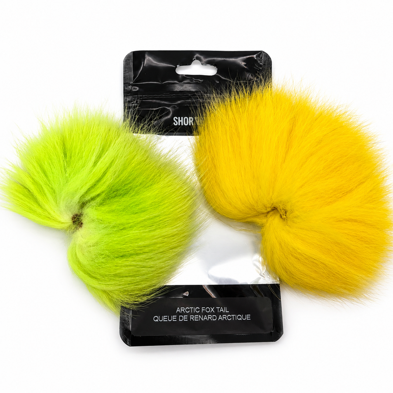 Load image into Gallery viewer, Shor Arctic fox tail accessory pack with yellow and chartreuse plush tails
