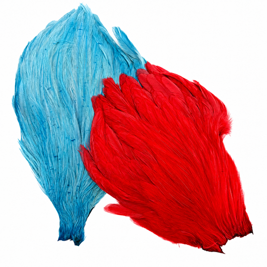 Two-tone hybrid cape with red and blue feather-like fringe