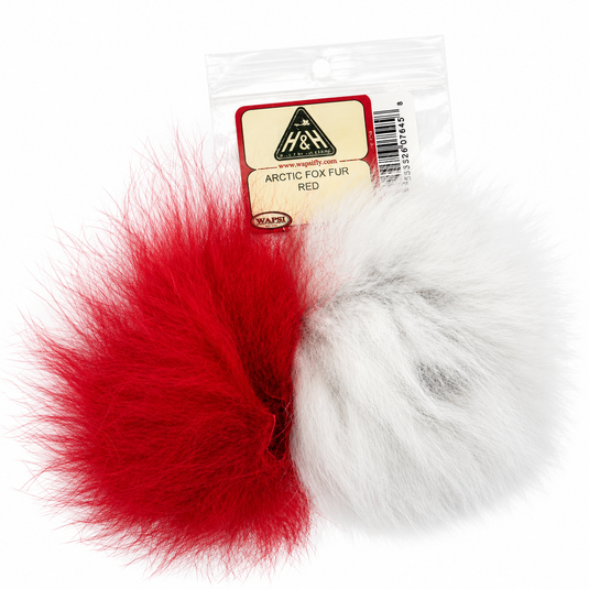 Two-tone arctic fox fur pom-poms, red and white, soft plush