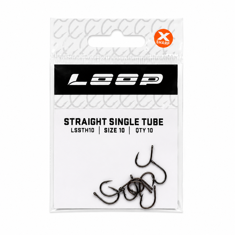 Load image into Gallery viewer, Straight single tube fly hook set in clear bag, black hooks and LOOP logo
