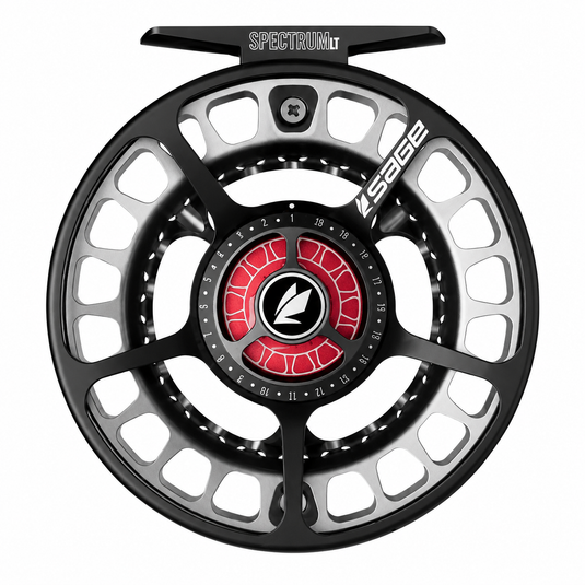 Black fishing reel with large spoked wheel, red dial accents and line counter window