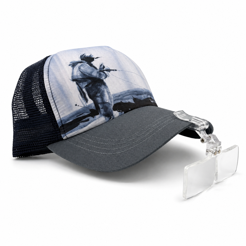 Load image into Gallery viewer, Clip-on magnifier glasses with clear lenses on gray cap brim
